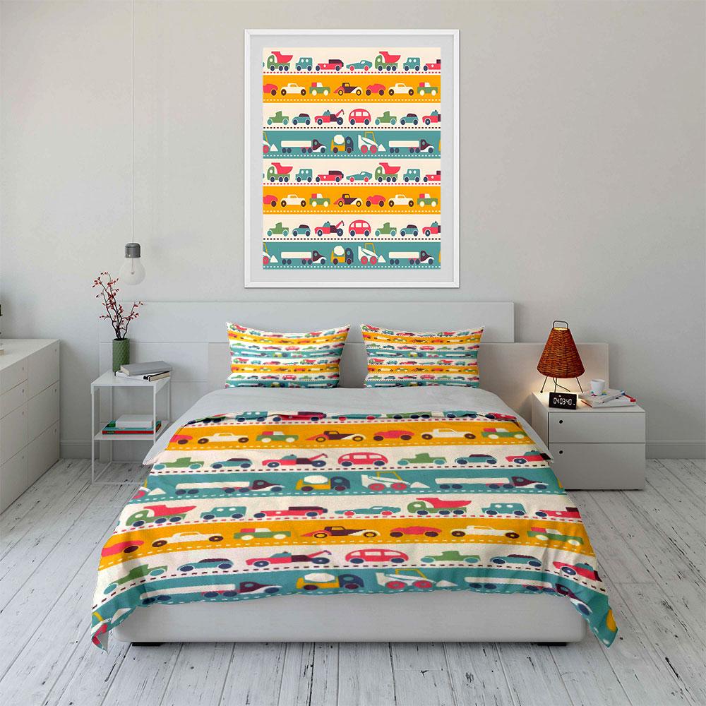 "Colorful Cars Kids Room Decor" Soft Skin-Friendly Bedding Set Includes 1 Duvet Cover And 2 Pillowcase Gift