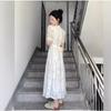 French White Lace Bubble Sleeve Dress Women's Summer New High-end Waist Gentle Short-sleeved Long Skirt