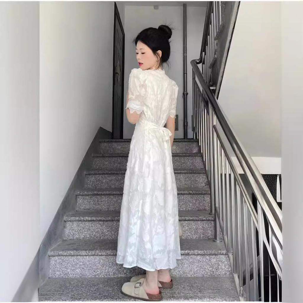 French White Lace Bubble Sleeve Dress Women's Summer New High-end Waist Gentle Short-sleeved Long Skirt