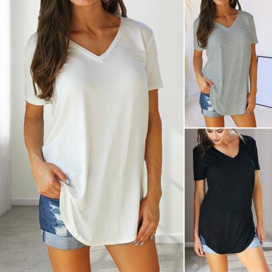 Maglietta estiva da donna, scollo a V, manica corta, pullover, tinta unita, lunghezza media, vestibilità ampia, casual, streetwear
