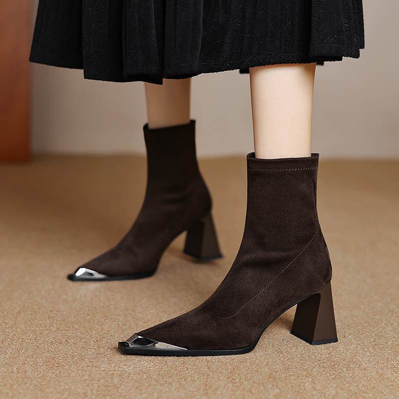Krazing Pot Flock Autumn Winter Shoes Metal Decoration Thick High Heels Big Size 40 Modern Boots Square Toe Keep Warm Slip On Ankle Boots