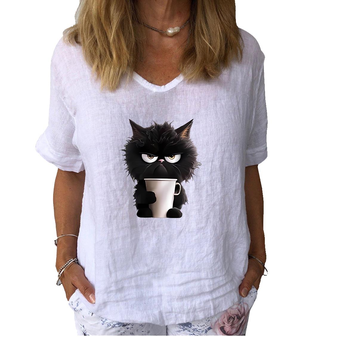 

Женская мода льняная рубашка с принтом кошки, летняя повседневная рубашка с коротким рукавом, женский пуловер с цветочным принтом, свободная блузка 3XL