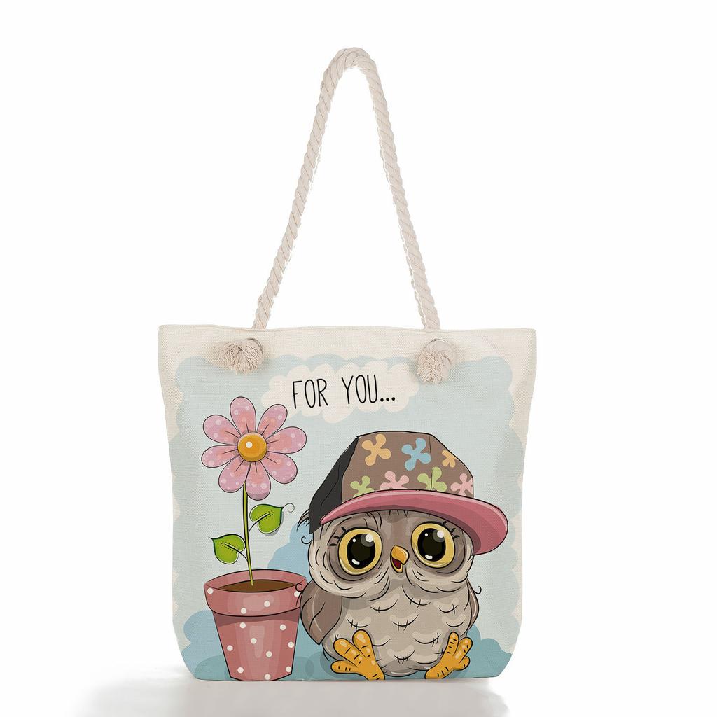Cute owl print thick rope single-shoulder beach bag 7288 CLE