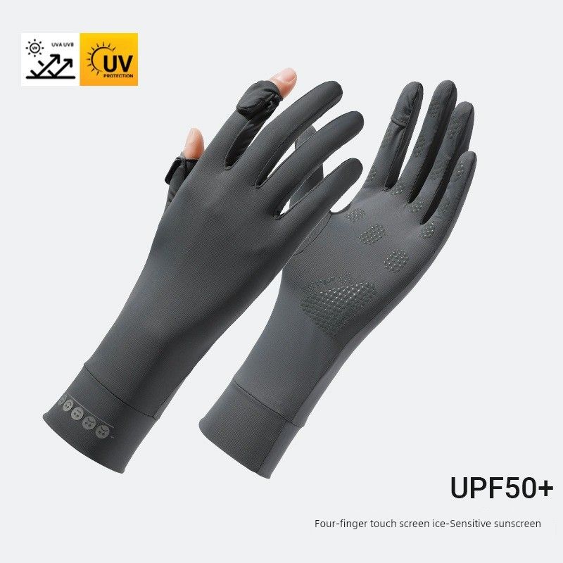 

New Sunscreen Gloves Women s UV Protection Summer Thin Outdoor Cycling and Driving Non Slip Touch Screen Ice Silk Gloves UV protection [smiley face]-dark gray All yards