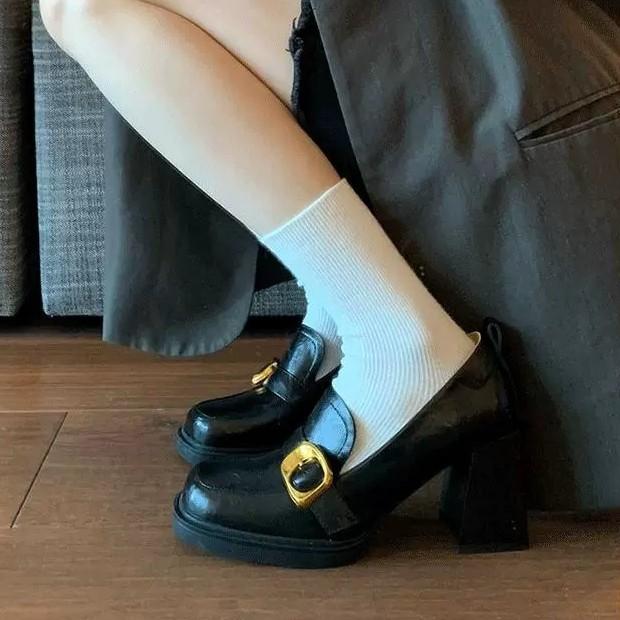 Retro British style one-pedal loafers square head high-heeled small leather shoes women's shoes thick-heeled single shoes Mary Jane women's shoes