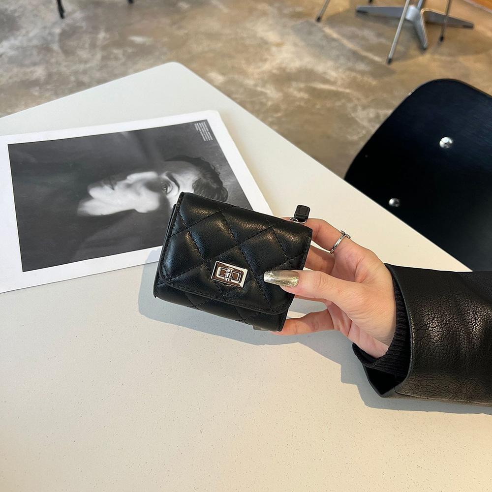 

Короткий кошелек с ромбовидной простежкой из натуральной кожи ягненка, женские кошельки со съемным кошельком для монет, маленький кошелек-бифолд с поворотным замком без логотипа чёрный