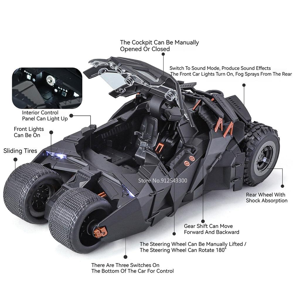 1:24 Scale Batmobile Model Classic Car Toy Metal Diecast Sound & Light Spray Fighting Vehicle Models Decoration Display Ornament