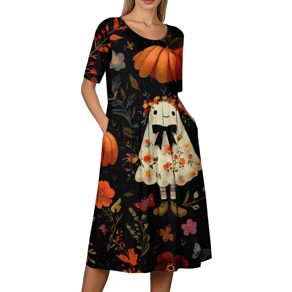 Damen Halloween Bedrucktes Freizeitkleid - Rundhals mit Taschen, Lockere Passform für Damen