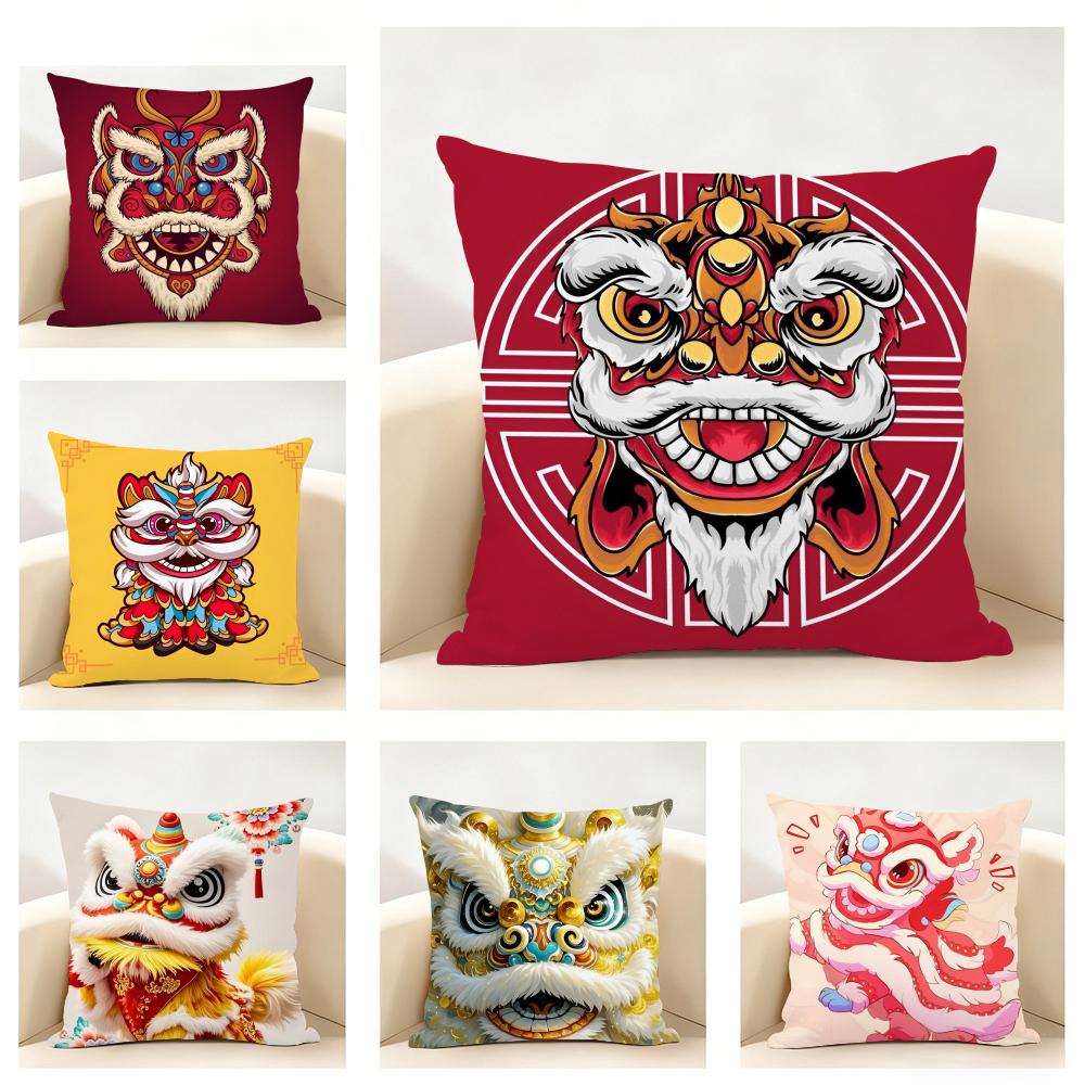 Fashion Traditional Dancing Lions Anime Lucky Cushion Cover Linen Pillowcase Soft For Sofa Bed Home Room Decor