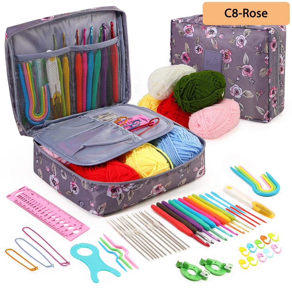 59 Teile Strick-Häkel-Set, Tragbare Strickwerkzeuge, Häkeln für Anfänger, Garn-Bastelset, DIY Bastel-Nähwerkzeuge mit Tasche