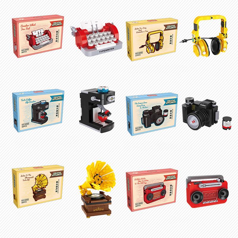 Vintage Mini Kávovar Sestavení Kamery Stavební Bloky Model Simulační Spotřebiče Rádio Psací Stroj Kostky Hračky Pro Děti