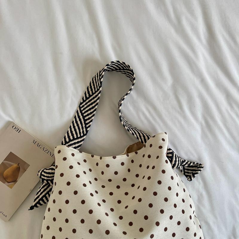 Polka Dot Corduroy Shoulder Bag Casual Hobo Tote with Striped Strap Large Capacity Handbag