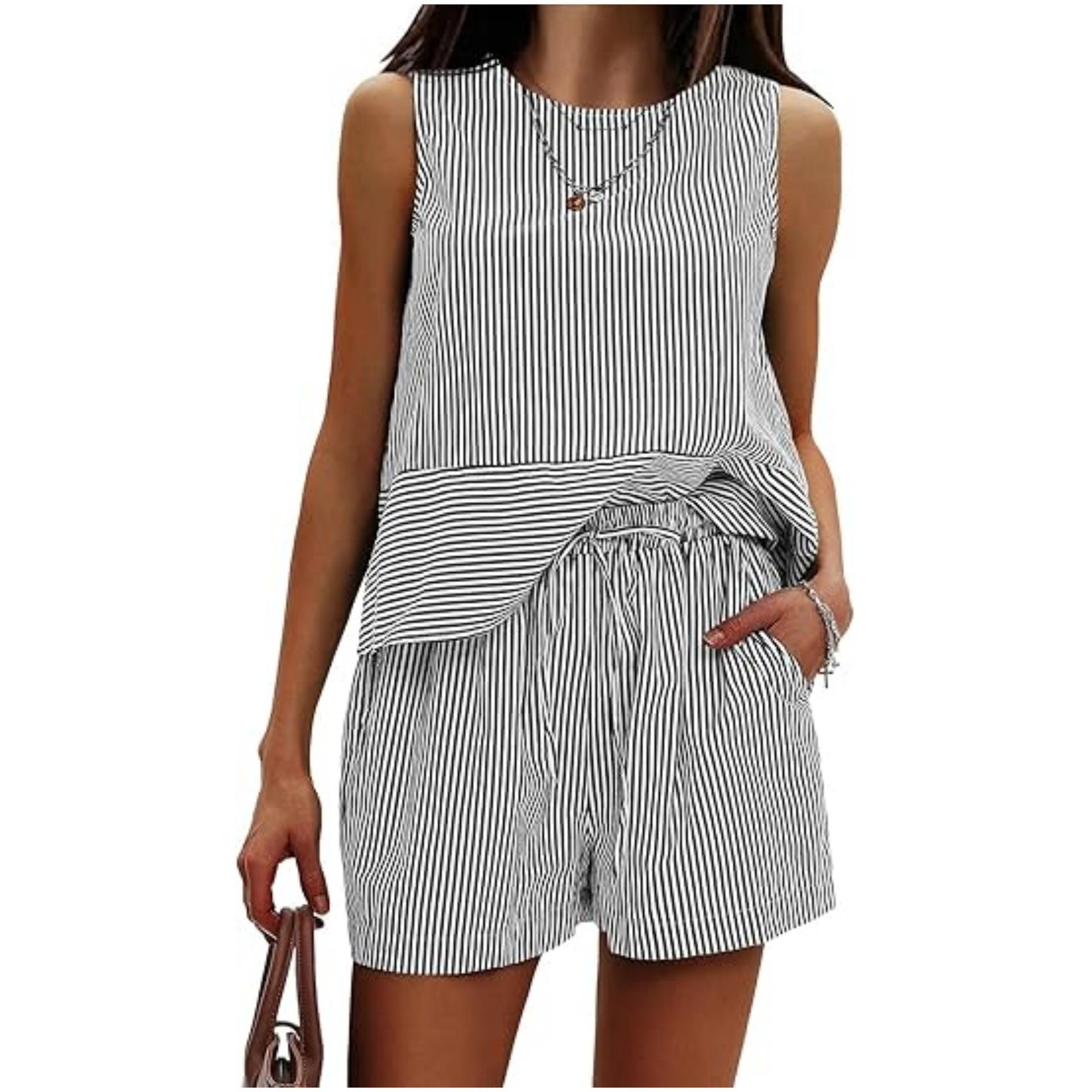 2026 Summer New Arrival: Amazon European and American Cross-Border Cross-Border Women s Vertical Stripe Waist-cinching Round Neck Sleeveless Set S