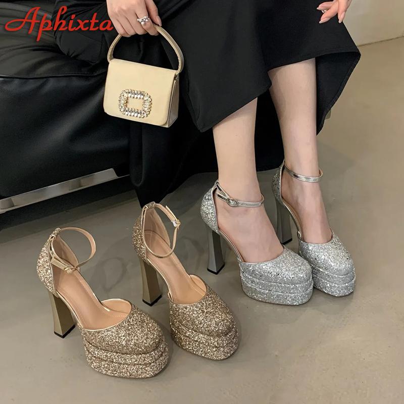 Fashion Aphixta Gradient Bling Color Women Pumps Chunky Round Fashion Platform Shallow Bling Belt Buckle Shoes Spring Sequin High Heels