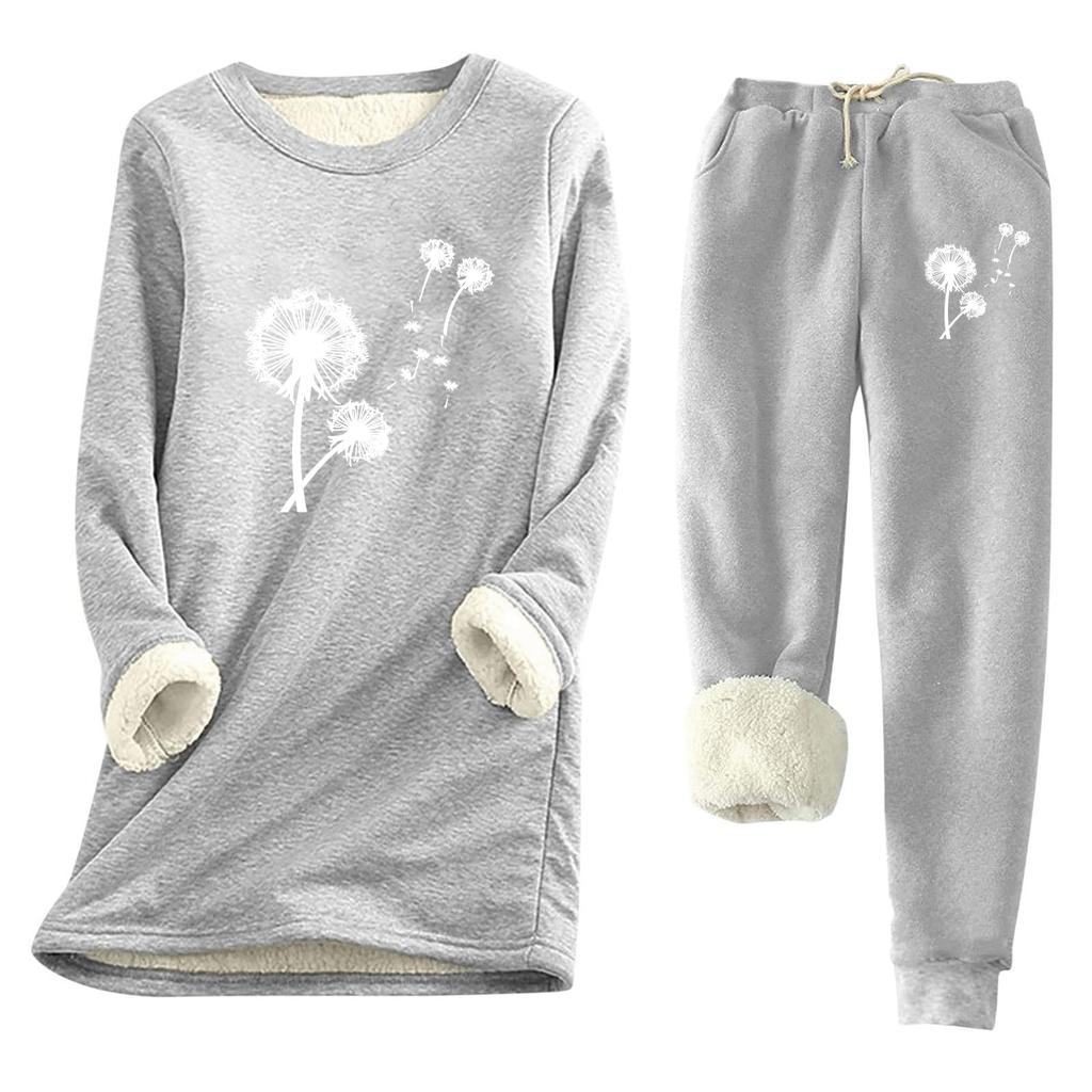Women's Print Round Neck Warm Suit Long Sleeve Fleece Drawstring Sweatpants Two-Piece Set