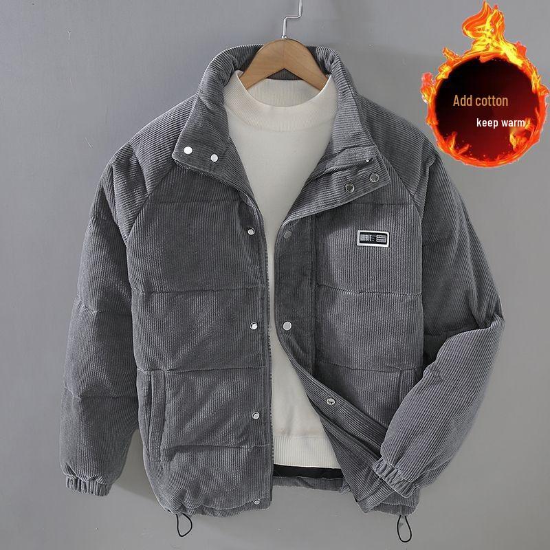 

Men s Solid Color Retro Corduroy Down Jacket - Stand-up Collar Warm Cotton-padded Outerwear M серый
