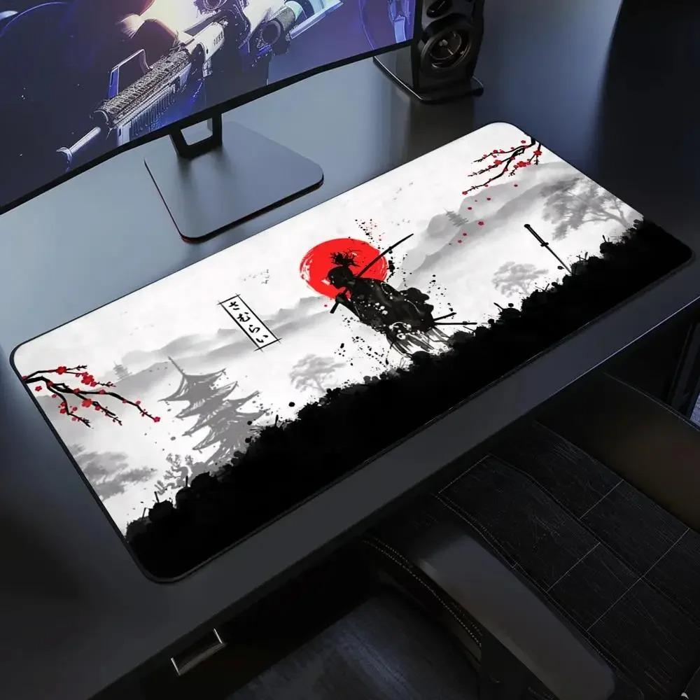Japanese Samurai Mouse Pad Desk Mat XXL Black and White Gaming Keyboard Mat Large Oni Samurai Deskpad Ghost of Tsushima Mice Pad