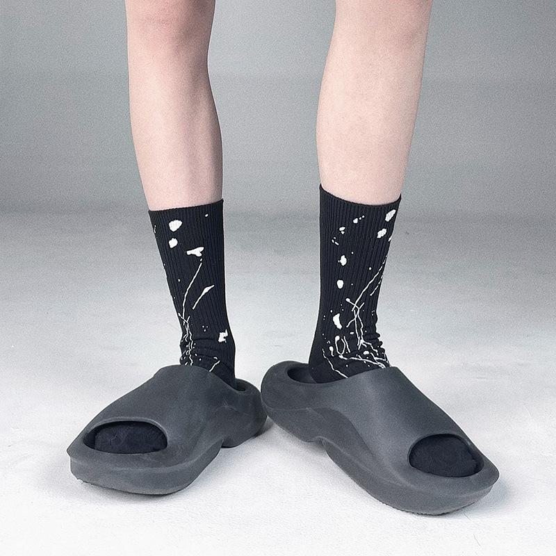 Ink-splashed Mid-calf Socks, Personalized Trendy Socks, Summer Double-needle Cotton Socks for Men and Women, Graffiti Sock Trend