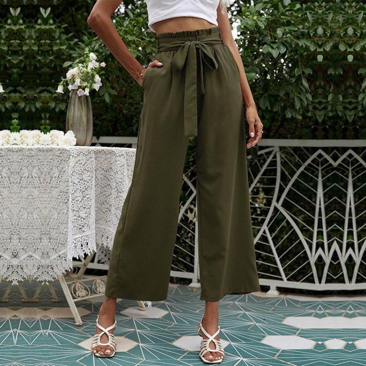 

Fashion Women High Waist Casual Solid Color Print Pants Capris S зелёный