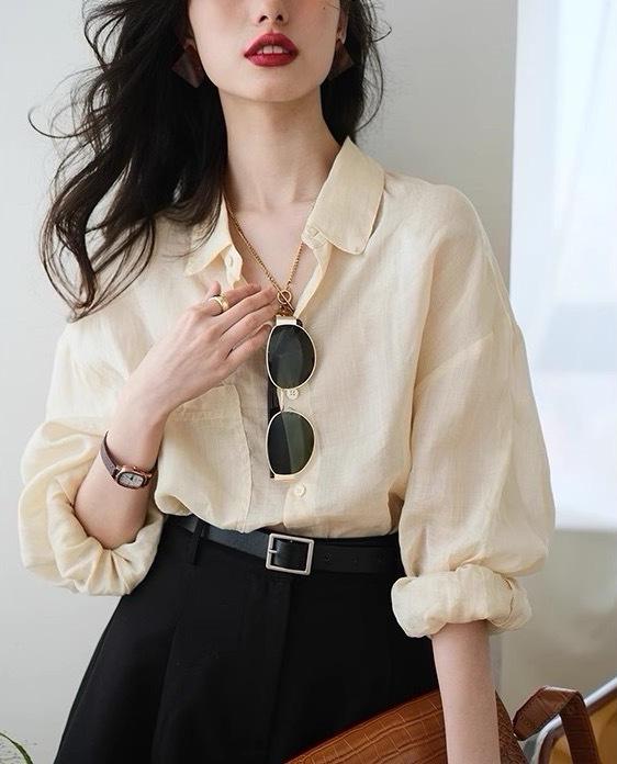 French purple cotton-linen shirt for women, early spring design, niche, high-end, casual, chic shirt top