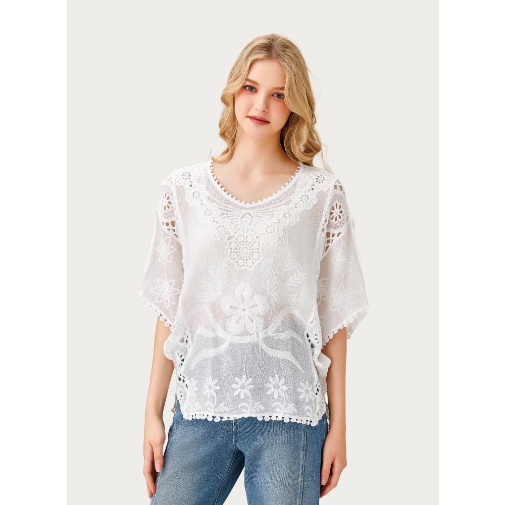 DIMANAF 2026 New Summer Basic Shirt Women Lace O-Neck Blouse Tops Tees Loose White Short Tees