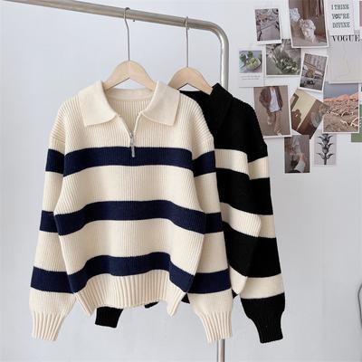 Women's Autumn and Winter Fashion Contrasting Stripe Polo Neck Zip-up Sweater Slimming and Age-reducing Design Sense Knit Top