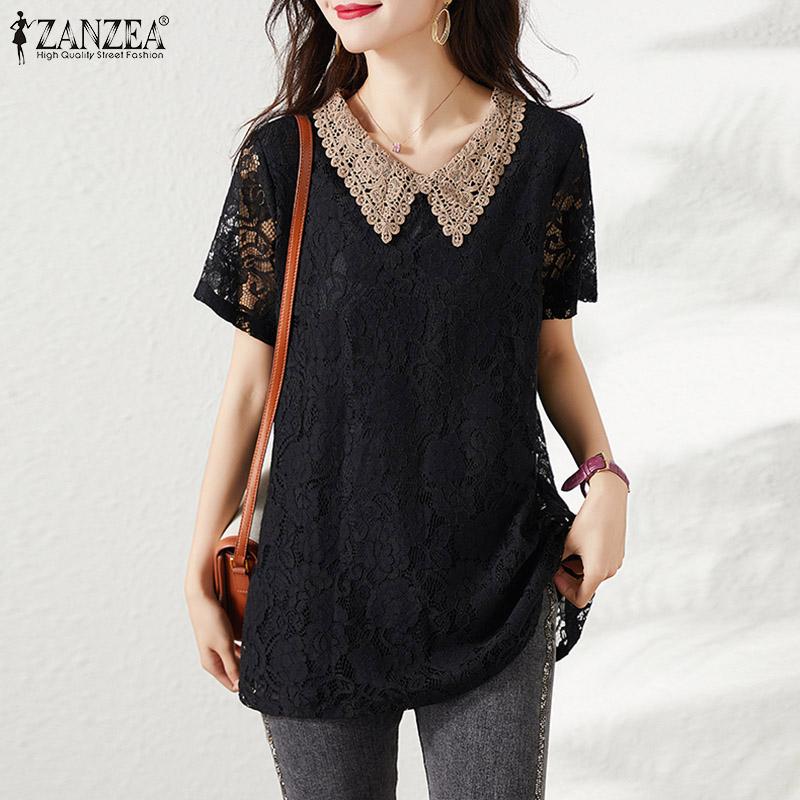 

ZANZEA Женская повседневная летняя кружевная футболка с v-образным вырезом и коротким рукавом