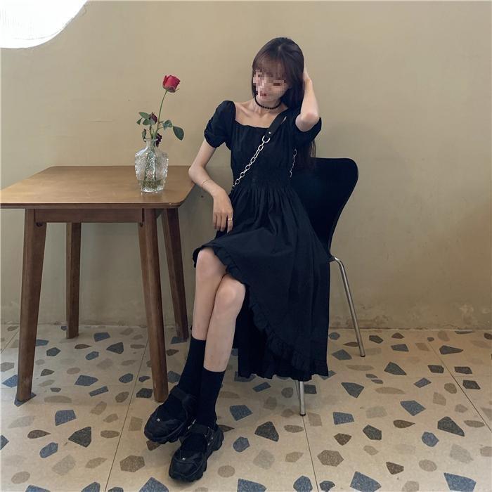 

Summer new French Hepburn style niche front short rear long retro design small black dress short-sleeved dress S чёрный