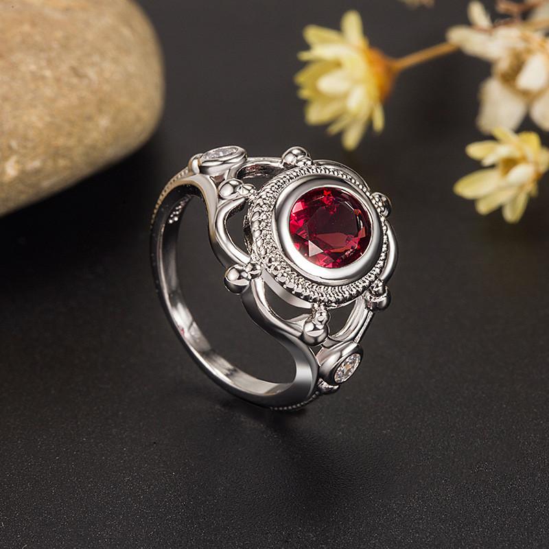 Exquisite Red Ruby Embedded Thai Silver Black Engagement Ring For Women Stylish Sizes 6 To 10