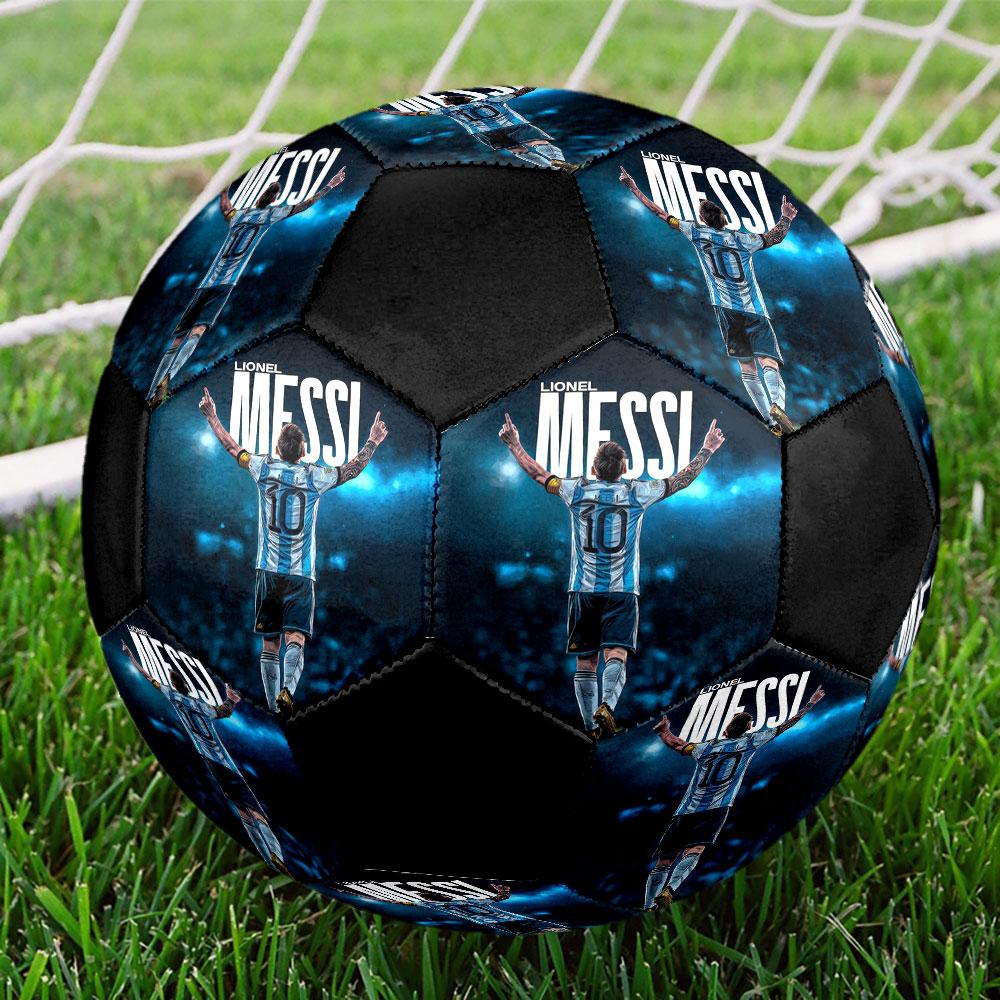 Mingea de fotbal Lionel Messi Mărimea 5, Cusută la mașină din PVC, Durabilă și cu săritură înaltă, Potrivită pentru toate vârstele, articol pentru fani, meciuri și utilizare în aer liber. blue