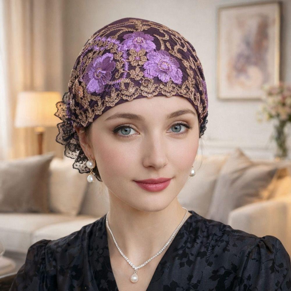 New Flower Embroidery Bonnet Hat Breathable Cover White Hair Headband Cap Elastic Full Coverage Head Wrap Cap Women Headwear