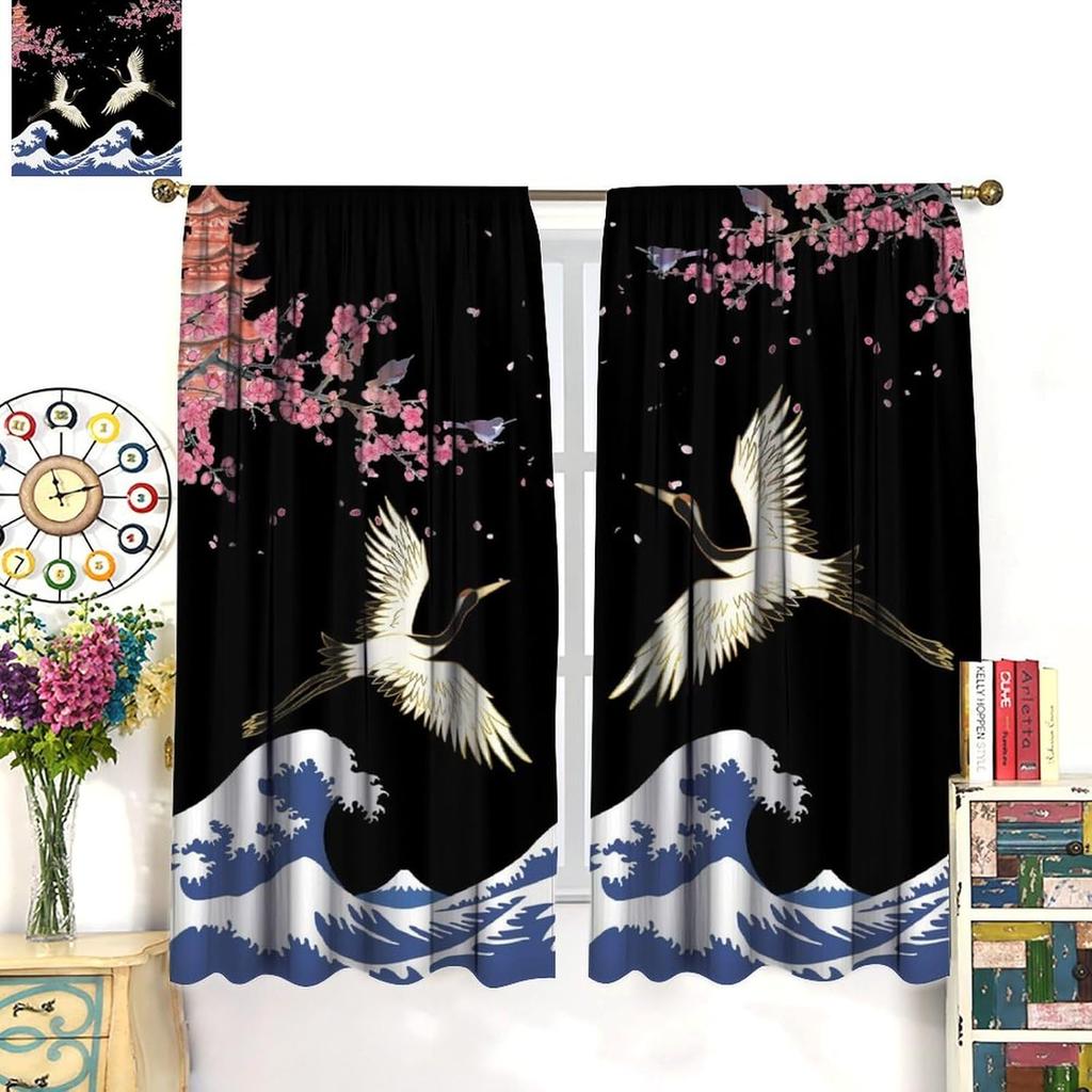 Japanese Style Cranes Curtain Asian Waves Traditional Chinese Cherry Blossom Printed Window Treatment Living Room Bedroom Ki For Area Polyester