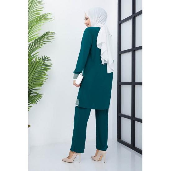 Islamska szafa damska prążkowana tunika spodnie garnitur hidżab