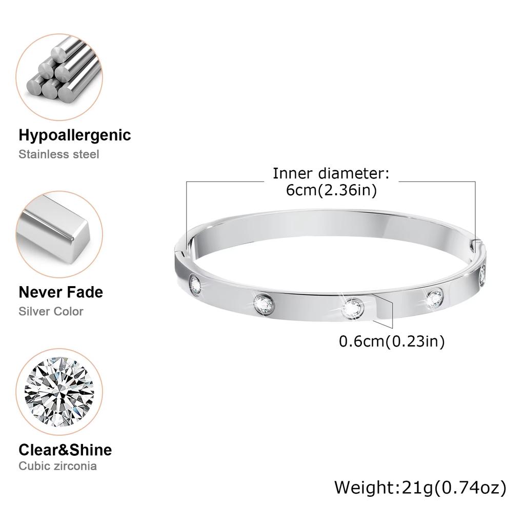 Luxurious Cubic Zircon Openable Bracelet for Women ,Stainless Steel Round Bangle Bracelets,Charm Jewelry Gifts