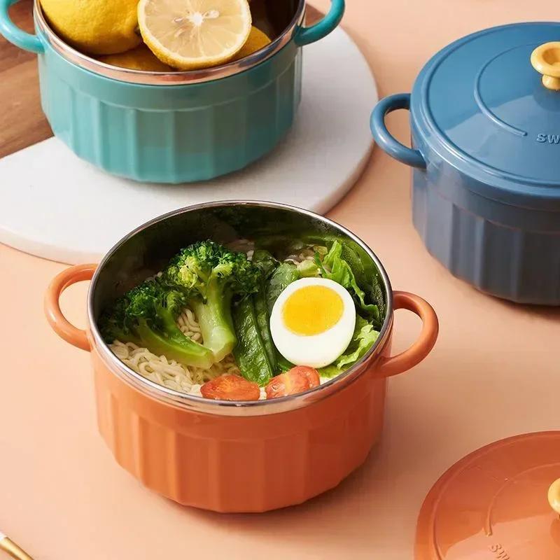 Lovely Solid Stainless Steel Double Ear Instant Noodle Bowl Soup Bowl with Cover Thermal Insulation Household Multifu Bento Box