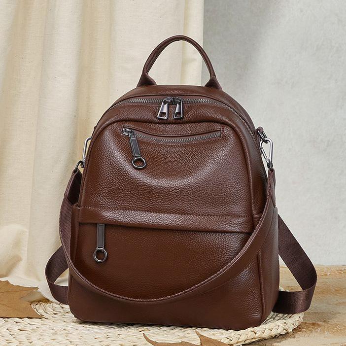 Premium Cowhide Leather Backpack for Ladies - Multi-pocket Casual Backpack