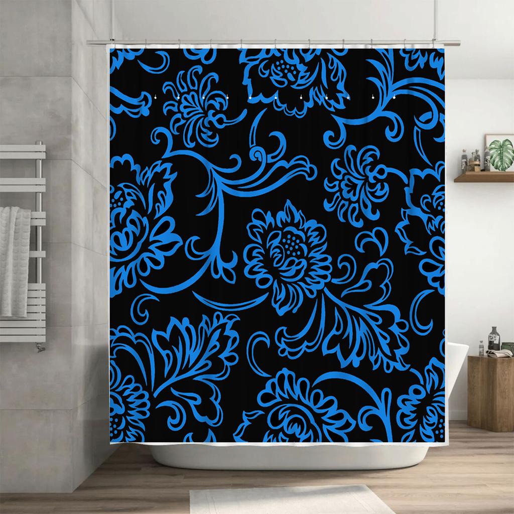 Luxury Vintage Blue Black Shower Curtain for Bathroom Decor Waterproof Fabric Printing Flower Pattern Bath Room Shower Curtains
