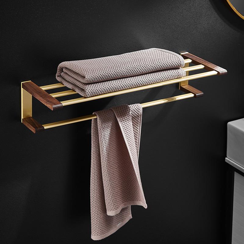Golden Bathroom Shelves Bathroom Wood Towel Rack Wall Mounted Storage Towel Bar Pole Slippers Rack Tripod Toilet Paper Shelf