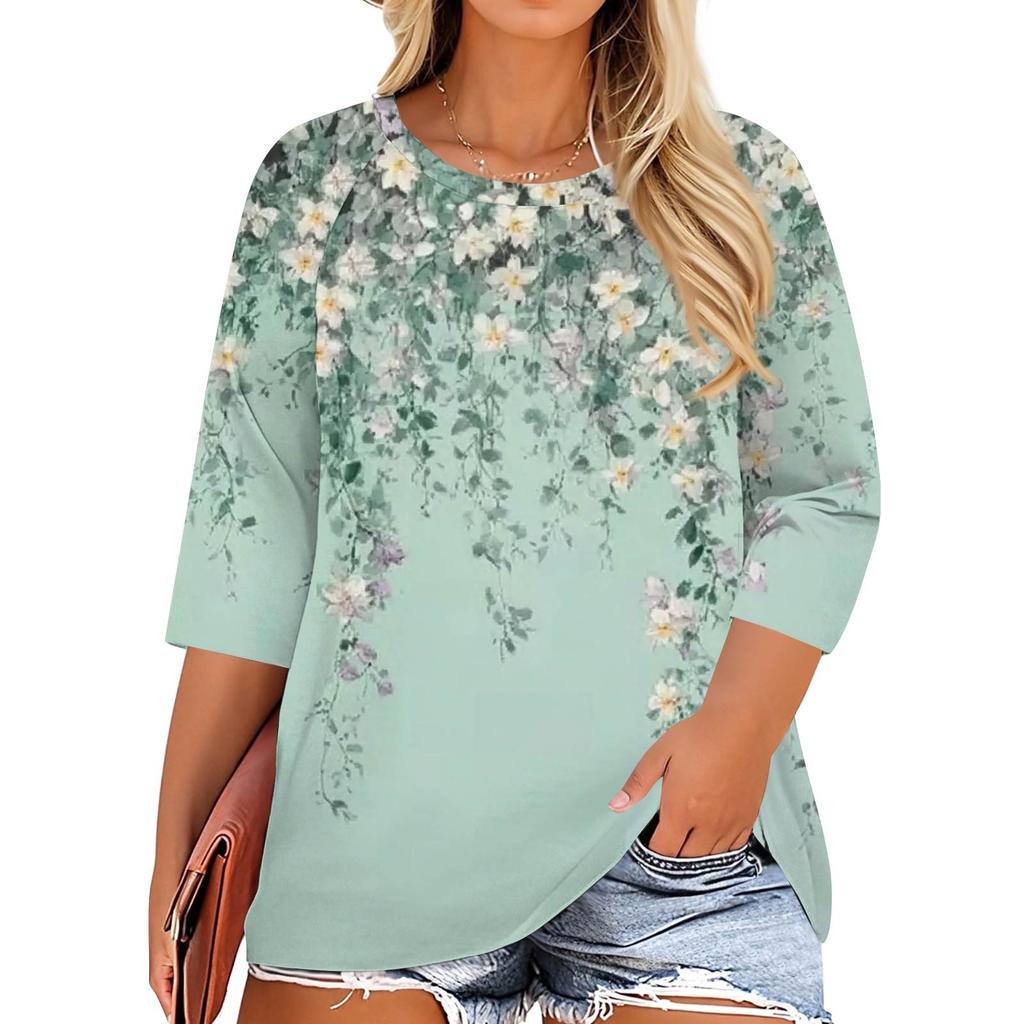 Women's Fashion Casual Print Round Neck 3/4 Sleeve T-Shirt Top