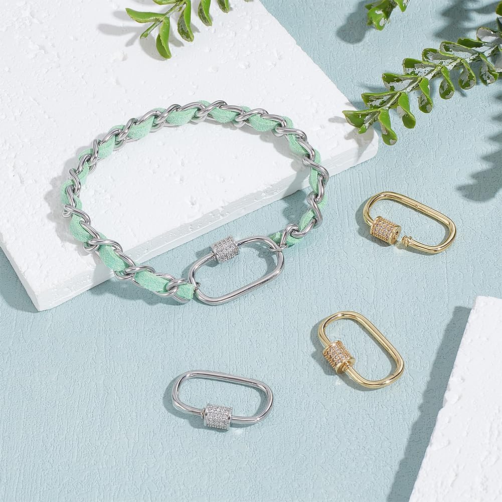 PH PandaHall 2 Colors 4pcs Oval Screw Lock Charms 18K Gold Plated Carabiner Lock Clip Micro Pave Cubic Screw Necklace Link Connector Golden Snap