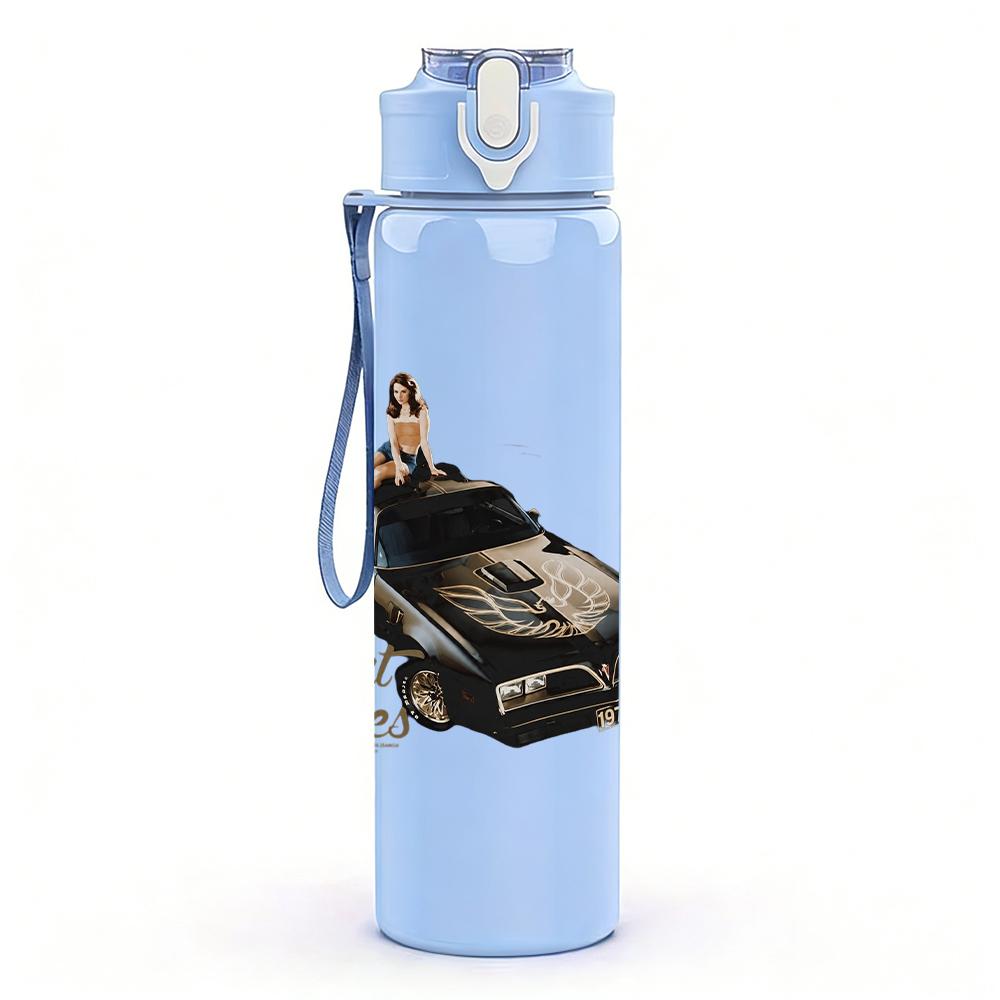 1PC Retro car driving landscape print 750ml colorful plastic sports water bottle leakproof pop up lid with straw for outdoor work home use