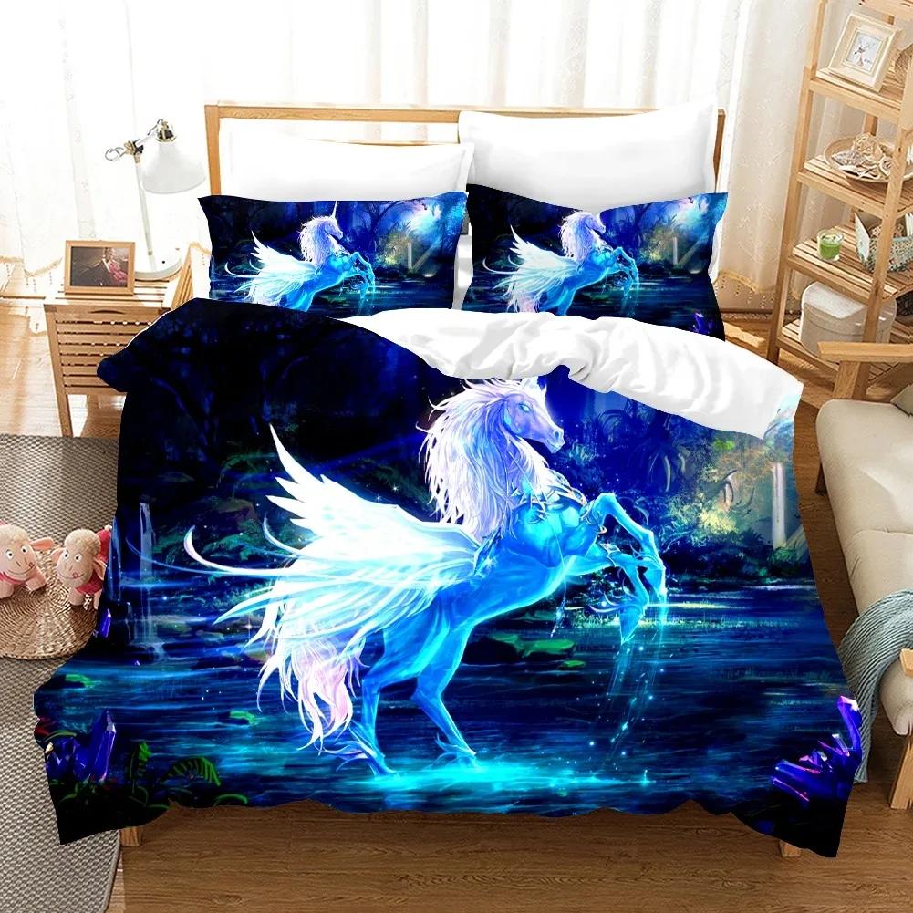 Einhorn Fiction Pferde Bettwäsche Set Für Kinder Cartoon Aniaml Bettbezug Twin King Size 3D Quilt Abdeckung Bett Set Großhandel