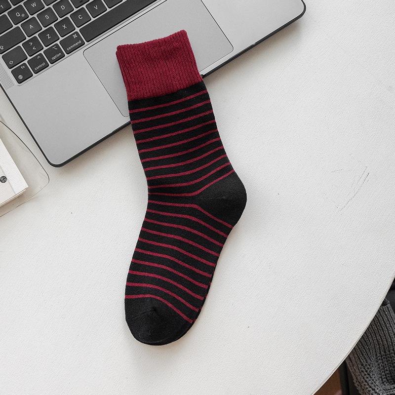 Red Socks, Women's Pile Socks, Autumn and Winter Trendy Long Socks, Retro Striped College Style Thigh-high Socks