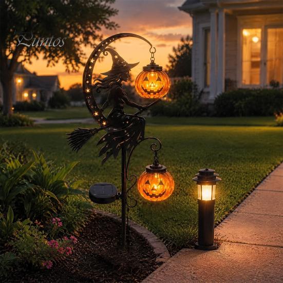 Unique Halloween Yard Lights Solar Powered Witch Pumpkin Ground Stake Light, Metal Broom Moon Party Lawn Decor Statue Outdoor Sculpture for
