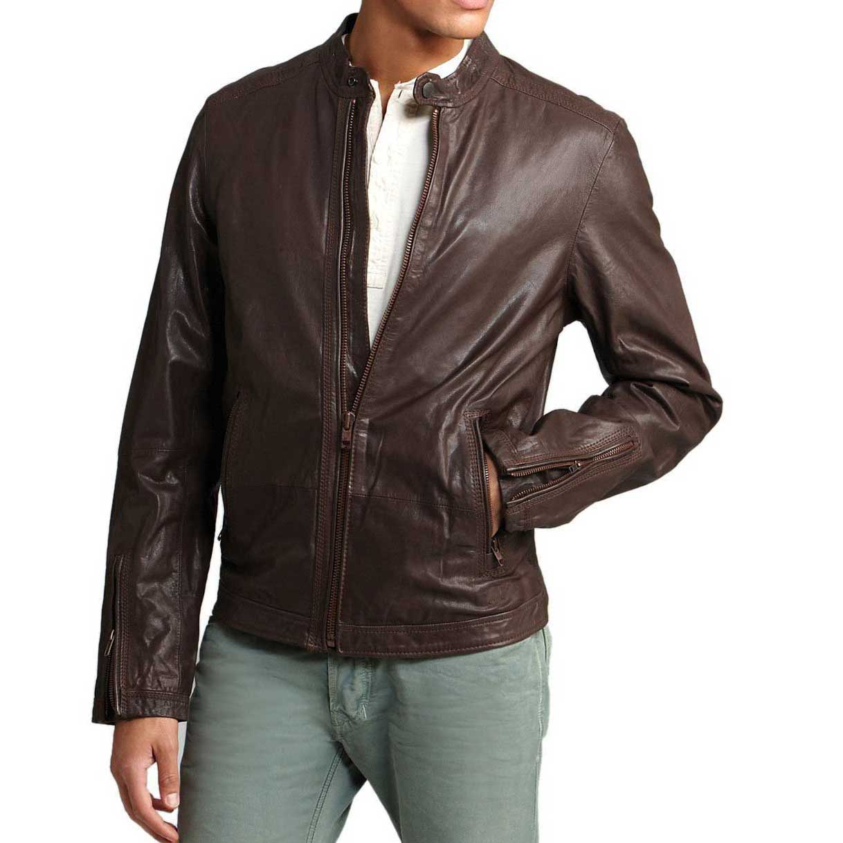 

SkinOutfit Men s Genuine Lambskin Brown Leather Jacket Stylish Motorcycle Bomber Biker Outerwear MJ 130 XXXL коричневий