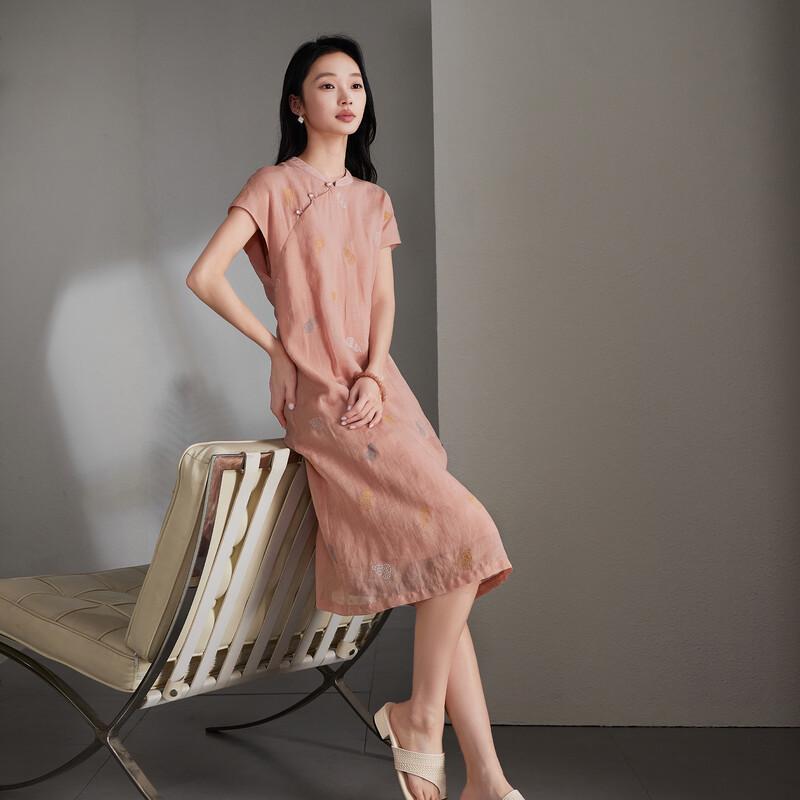 SOFSIL New Chinese Style Embroidered Ramie Cheongsam Dress