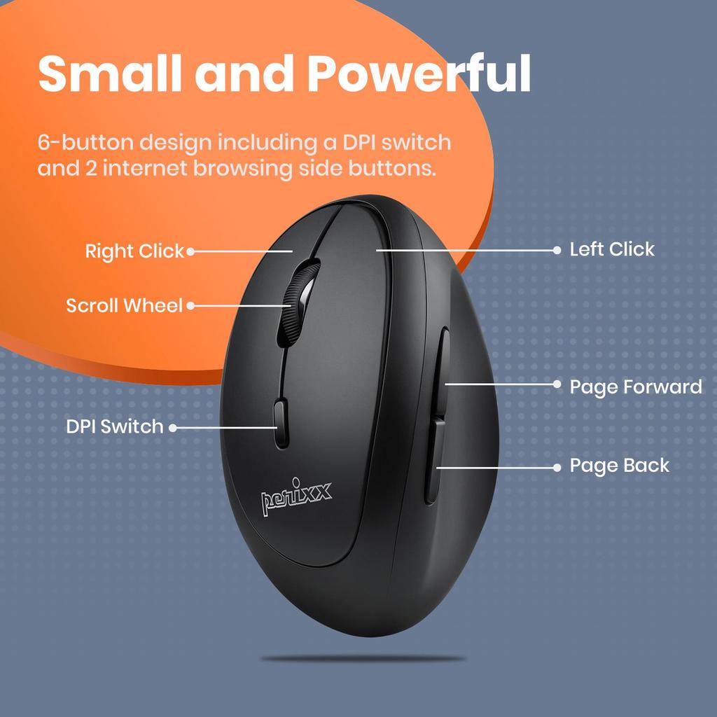 Perixx PERIMICE 719L wireless mouse, optical, vertical, non-click, black, silent, left-handed