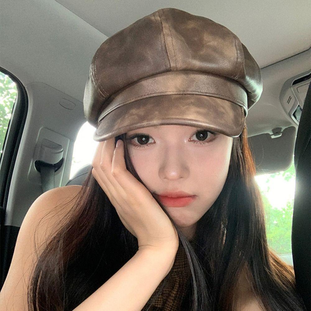 British Style Pu Leather Beret Autumn Winter Artist Cap Elegant Women's Beret  Streetwear