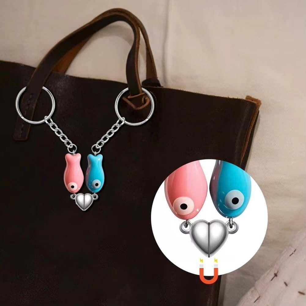 Bag Charm Fish-Shaped Keyring Heart Strap Couples Keychain Magnetic Matching Keychain Best Friend