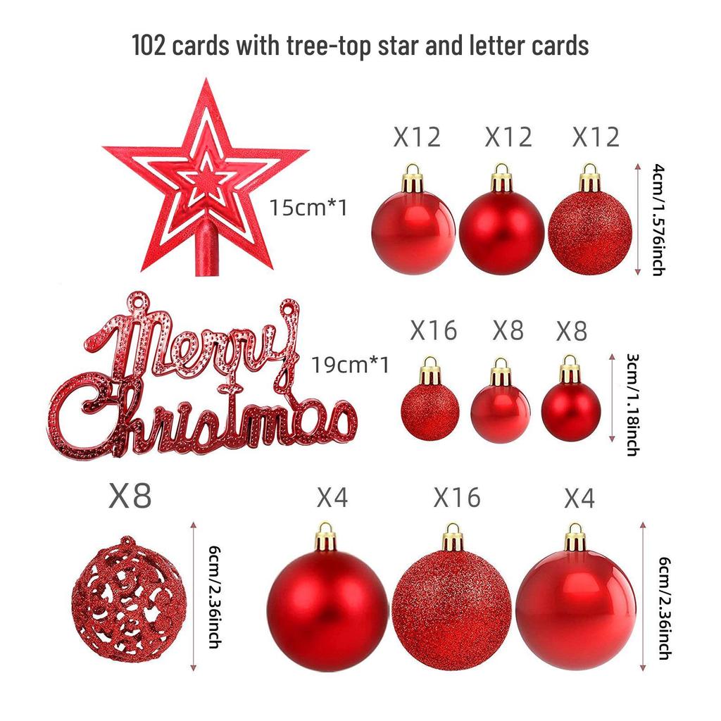 Christmas Tree Decorations Set: 100 Pieces with Tree Topper Star, Letter Tags, Hollow Plastic Balls, and Baubles Ornaments.